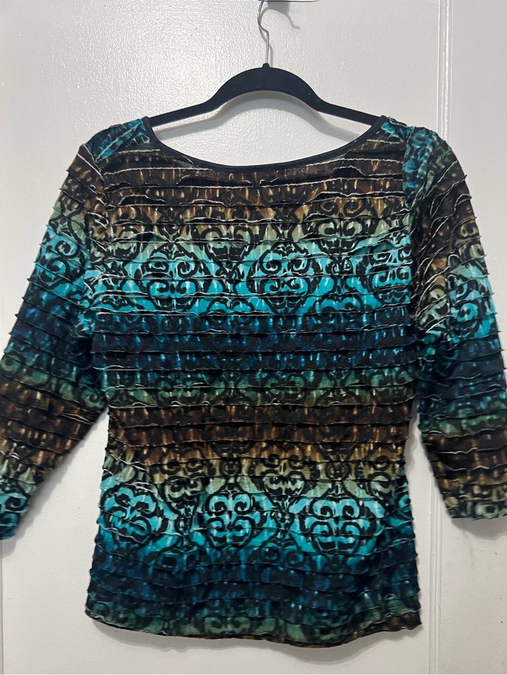 Y2K Women's Teal and Brown Striped Patterned Ruffled 3/4 Sleeve Top